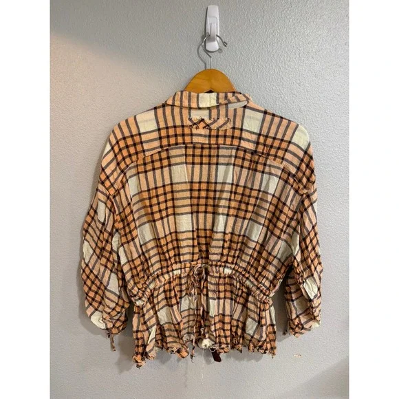 We The Free Plaid Button Down Women XL  Ruched Sleeve Cinched Waist Boho - Picture 4 of 7